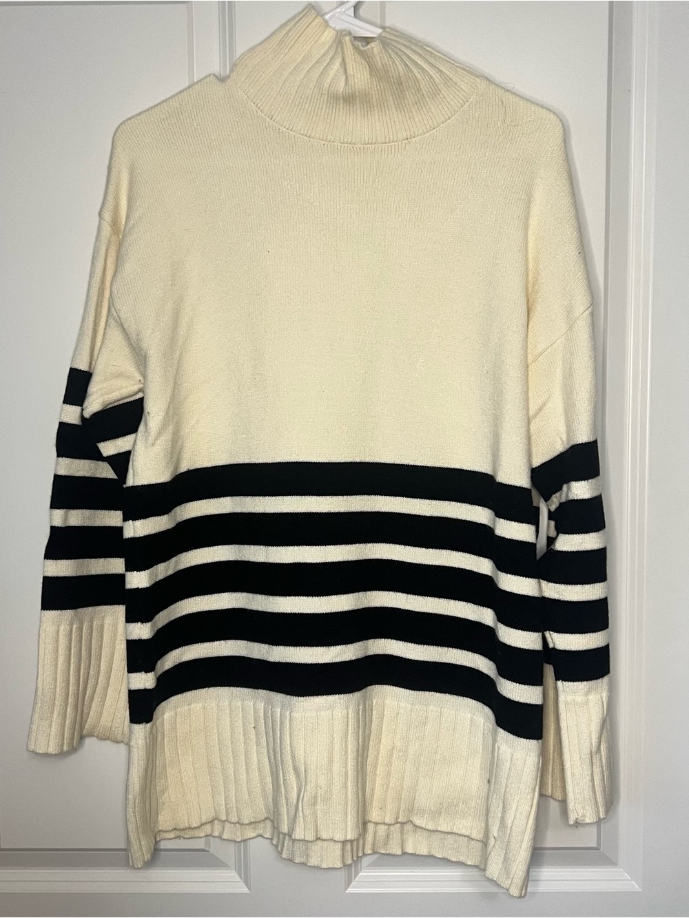 Cream & Black Striped Turtleneck Sweater - Women's Cozy Knit